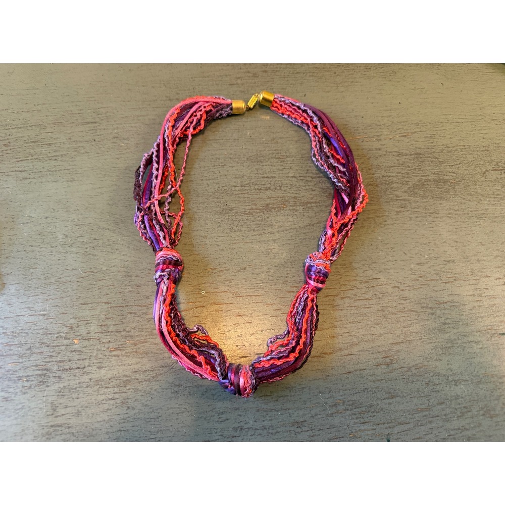 Multistrand Fiber Statement Necklace Purple Magenta Red Knotted Magnetic Clasp